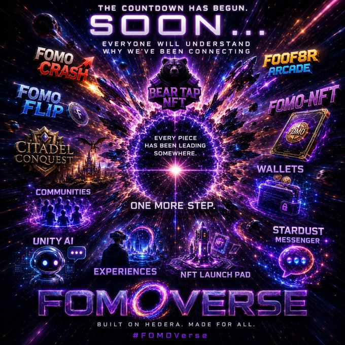 A promotional poster for 'FOMOVERSE' with cosmic purple space background, listing various NFT/gaming products including 'FOMO CRASH', 'FOOF8R ARCADE', 'FOMO FLIP', 'BEAR TAP NFT', 'CITADEL CONQUEST', 'FOMO NFT', 'WALLETS', 'COMMUNITIES', 'UNITY AI', 'EXPERIENCES', 'NFT LAUNCH PAD', and 'STARDUST MESSENGER', with text 'THE COUNTDOWN HAS BEGUN. SOON... BUILT ON HEDERA. MADE FOR ALL. #FOMOverse'.