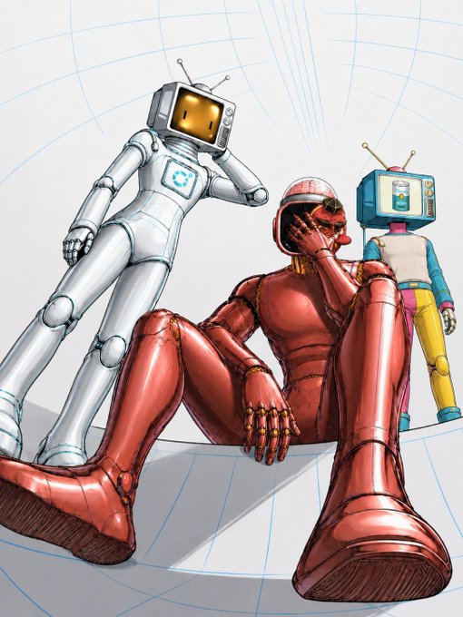 An illustrated scene shows three robotic figures: a white humanoid robot leaning forward, a glossy red robot sitting on the floor in a thoughtful pose, and a small robot with a TV-like head standing nearby.