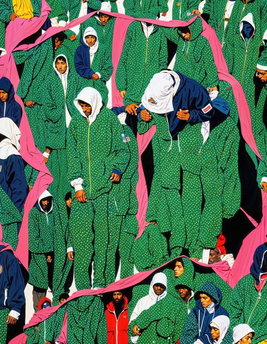 A collage-style photograph showing multiple people wearing matching green patterned tracksuits with pink hood lining and blue/white hoods, repeated in a tiled, kaleidoscopic effect.