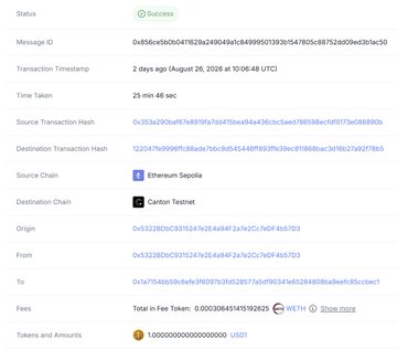 The image displays a Chainlink CCIP cross-chain transaction receipt confirming a successful USDC1 token transfer from Ethereum Sepolia to Canton Testnet, with a total fee of 0.0003064315192825 ETH and transaction hash 0x353a290af67e939fa7bb415ba484a365ac5ea786598ecfd9137ed8890b shown alongside the 25-minute 48-second completion time.