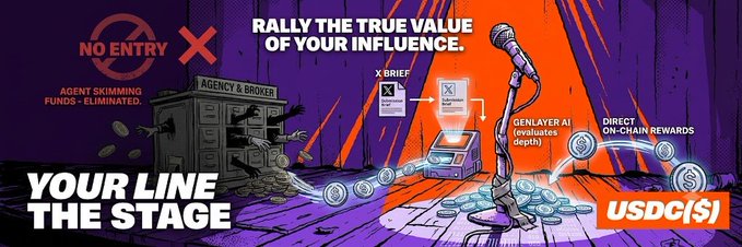 A promotional graphic reading 'RALLY THE TRUE VALUE OF YOUR INFLUENCE' and 'YOUR LINE THE STAGE' alongside 'USDC($)', featuring imagery contrasting 'NO ENTRY - AGENT SKIMMING FUNDS' with direct on-chain rewards.