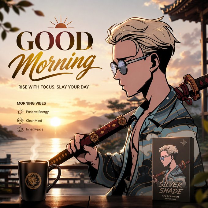 A stylized digital illustration showing a blonde anime-style character with sunglasses holding a katana, alongside text reading 'GOOD Morning - RISE WITH FOCUS. SLAY YOUR DAY. - MORNING VIBES - Positive Energy, Clear Mind, Inner Peace' and a 'SILVER SHADE EAU DE PARFUM' box.