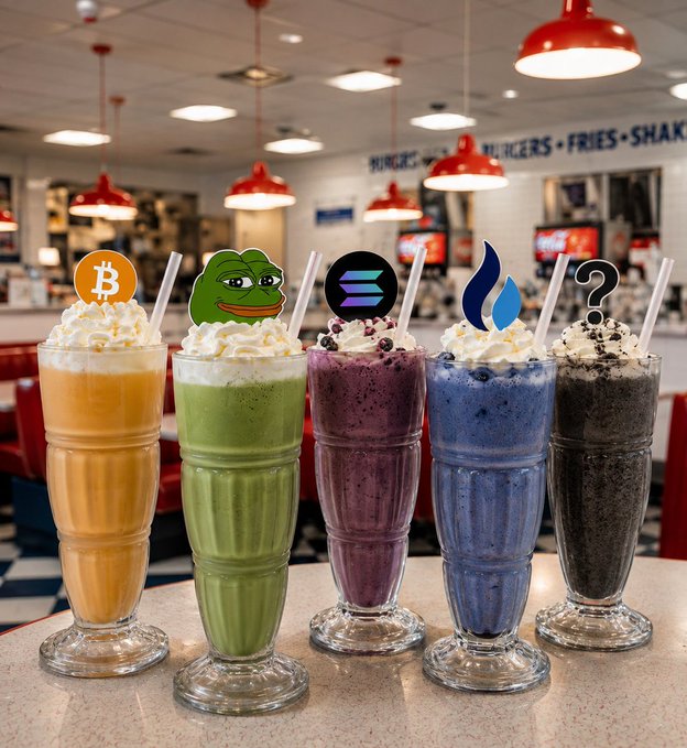 Five milkshakes in a diner with cryptocurrency and meme logos (Bitcoin, Pepe, Solana, Sui, and a question mark) displayed above them.