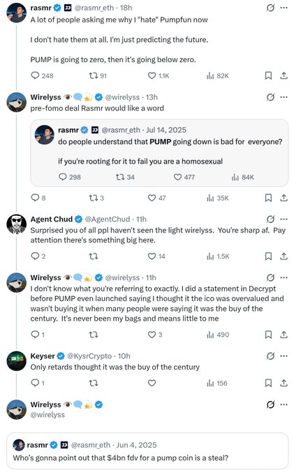 A Twitter/X thread featuring a verified post from @rasmr_eth stating "PUMP is going to zero, then it's going below zero," followed by replies from users like @wirelyss and @AgentChud discussing the Pumpfun ICO prediction and criticism.