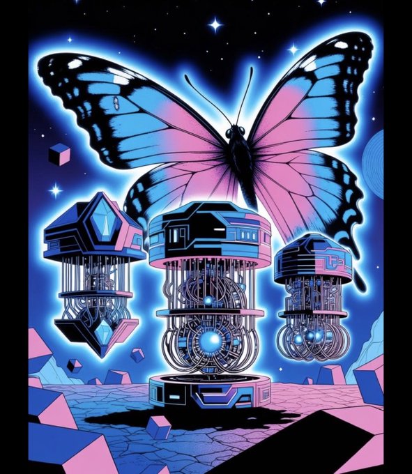 A stylized digital artwork features a large pink and blue butterfly hovering above three futuristic quantum computer towers, set against a starry cosmic backdrop with floating geometric crystals. The image visually represents the post's theme of quantum computing technology being integrated into blockchain mining for $QUIP, blending the natural symbolism of the butterfly with advanced technological and futuristic elements.