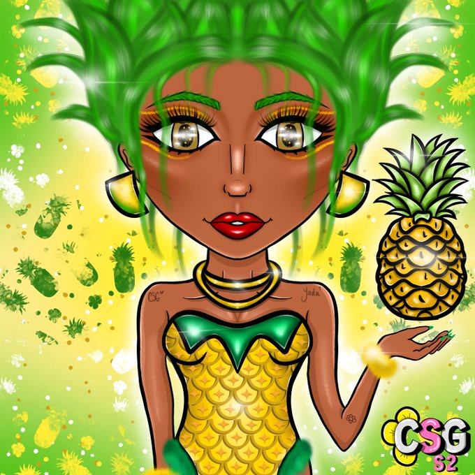 A vibrant digital illustration features a stylized girl with pineapple-leaf green hair, a pineapple-patterned dress, and green earrings, holding a glowing golden pineapple in her hand against a yellow-green tropical background. The "CSG 52" logo appears in the bottom right corner, and the artist's signature "yada" is visible near her shoulder, connecting to the post's mention of @yadaklym receiving her 4th custom CSG (Classy Sassy Girls) artwork.