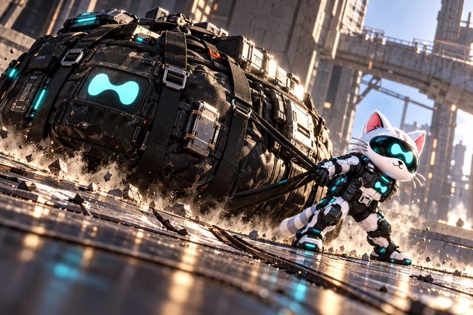 A small white robotic cat character in futuristic armor struggles to pull a massive, heavy industrial crate through a dusty, industrial setting with city buildings in the background.