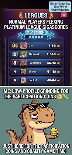Cartoon meme comparing normal players flexing Platinum League giga scores (Dio 1.1G, Thornado 1.04G, Fairbanks 557M, EDyne 511M, Lucky1 454M) versus a low-profile cheetah character saying they're just there for participation coins and quality game time.