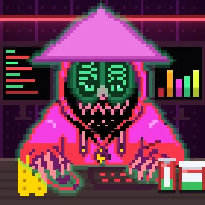 Pixel art illustration of a cyborg/AI character wearing a pink conical hat and hoodie, with glowing green digital eyes, sitting at a desk with computer monitors displaying charts and bar graphs in the background.