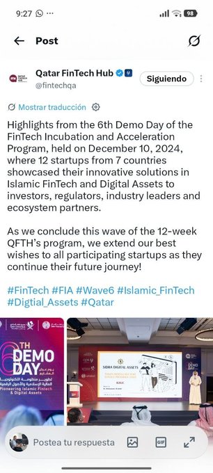 A Twitter post by Qatar FinTech Hub (@fintechqa) highlights the 6th Demo Day of the FinTech Incubation and Acceleration Program held on December 10, 2024, featuring 12 startups from 7 countries showcasing Islamic FinTech and Digital Asset solutions. The attached image shows the live event stage with a presentation slide and the "Demo Day" banner.