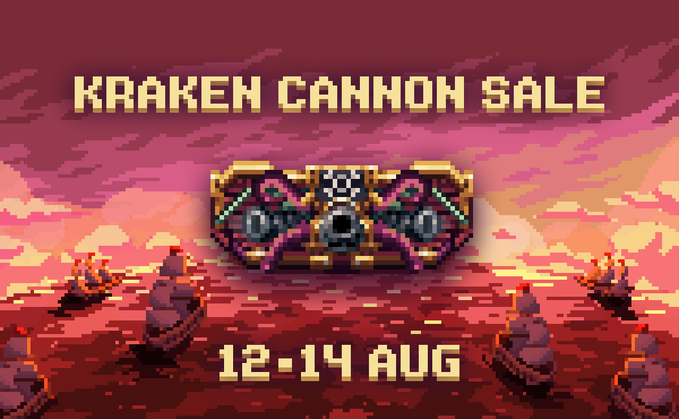 A pixel-art promotional banner announcing the "KRAKEN CANNON SALE" running from "12-14 AUG," featuring a decorative cannon set against a fiery sunset seascape with sailing ships. The visual ties directly to the post's theme of "releasing the Kraken" and the sale on the Kraken Cannon miner.