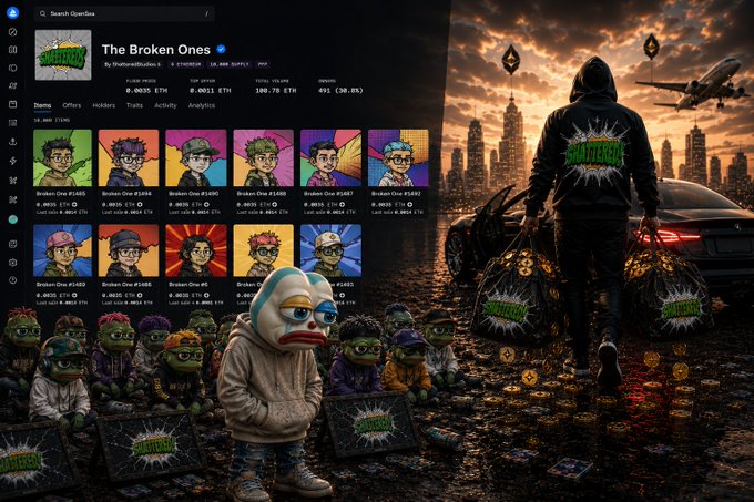 An OpenSea NFT marketplace page displaying a collection called 'The Broken Ones' by PlushedStudio, featuring various cartoon character avatars alongside a larger illustration of a hooded figure with trash bags in a cityscape.