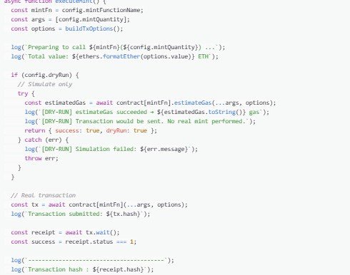 A code snippet displays a JavaScript function for executing a smart contract transaction, including dry-run simulation logic and logging transaction hashes.