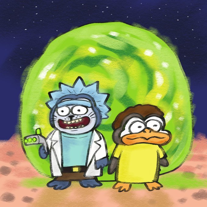 A cartoon illustration featuring a Rick and Morty-style character in a lab coat standing next to a duck, both appearing in front of a glowing green portal on a cratered alien landscape under a starry sky.