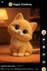 A cute animated orange kitten sits on a wooden floor in a warmly lit room, featured on the "Giggle Academy" app interface (dated 2025-9-8), promoting "NianNian, the Master Cat" as part of the @GiggleAcademy universe alongside links to BNB Chain adventures and TikTok learning content.