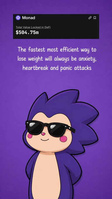 Purple-themed graphic featuring a cartoon hedgehog character in sunglasses, a Monad widget showing $504.75M Total Value Locked in DeFi, and a caption about anxiety and panic attacks.