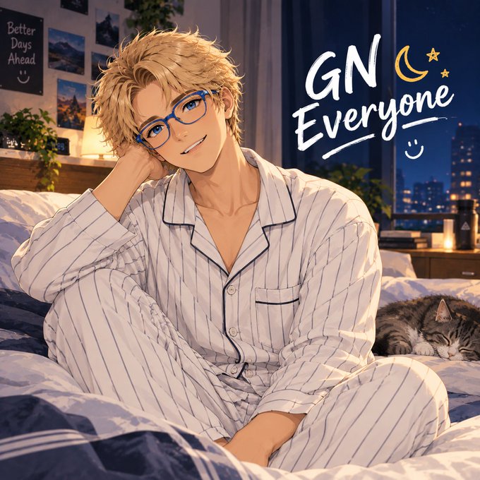 An anime-style illustration of a smiling blond young man wearing glasses and striped pajamas, sitting on a bed with a sleeping cat and a 'Better Days Ahead' poster, with 'GN Everyone' text and moon and star decorations overlaid.