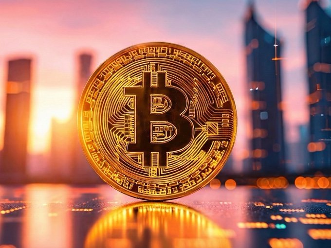 A golden Bitcoin coin standing upright against a blurred city skyline at sunset.