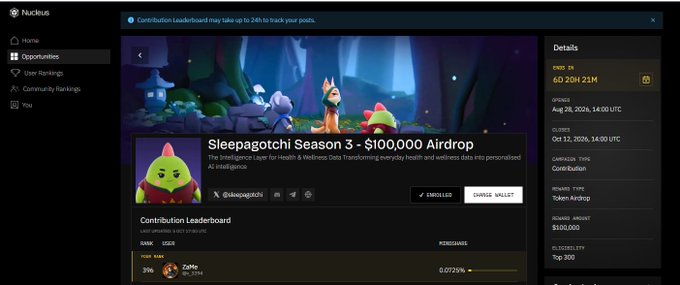 A screenshot of the Nuclius platform displays a 'Sleepagotchi Season 3 - $100,000 Airdrop' campaign, with an 'Ends In 6D 20H 21M' timer and Contribution type details.