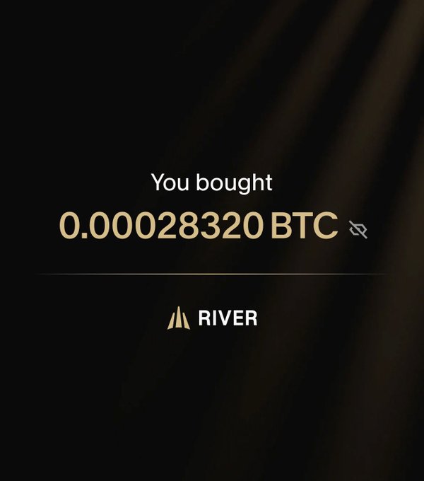 A screenshot from the River app displays a successful Bitcoin purchase notification reading "You bought 0.00028320 BTC," fitting the post's "SATurday" theme of stacking small amounts of Bitcoin (sats).