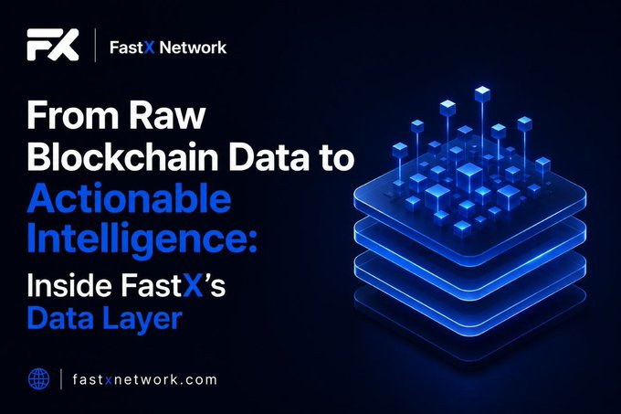 The image is a promotional banner for FastX Network featuring their logo and a blue isometric illustration of stacked data layers with rising block structures, alongside the headline "From Raw Blockchain Data to Actionable Intelligence: Inside FastX's Data Layer" and the website fastxnetwork.com. The graphic visually reinforces the post's message by depicting how FastX transforms unstructured onchain activity into organized, accessible data that AI agents can interpret and act upon.