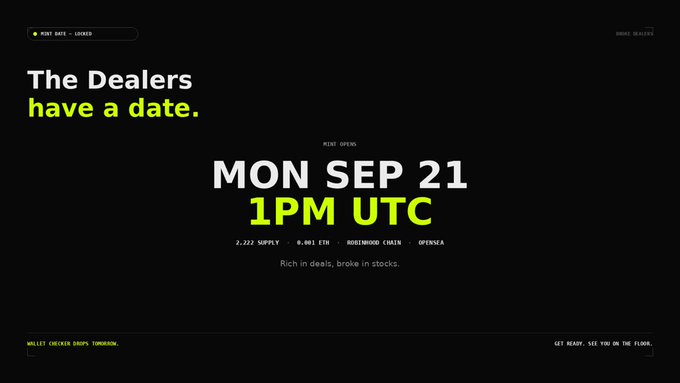 Black promotional poster announcing "The Dealers have a date," with the MINT OPENS date "MON SEP 21 1PM UTC" featuring 2,222 SUPPLY on K.OBI ETH, ROSEWOOD CHAIN, and OPENSEA, with the tagline "Rich in deals, broke in stocks."