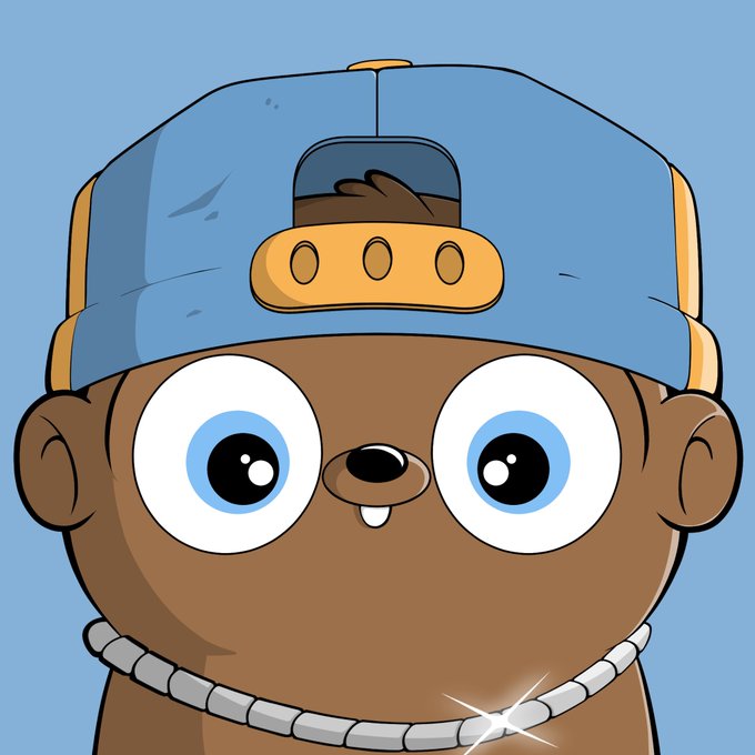 A cute cartoon character with large blue eyes, wearing a blue backwards baseball cap and a silver chain necklace, with a slight blush and a small fang visible.