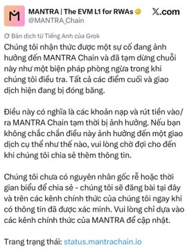 The image shows a Vietnamese-language announcement from MANTRA Chain (@MANTRA_Chain) explaining that they have proactively paused their blockchain to address a security issue affecting deposits and withdrawals, with the OM token declining as a result. This directly supports the post's commentary about the negative market sentiment following MANTRA Chain's decision to halt their Layer 1 blockchain due to the security incident.