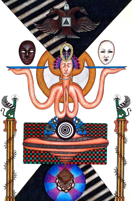 A surreal symbolic painting featuring a multi-armed figure in prayer pose holding a balanced tray with two masks, surrounded by mythological birds, geometric patterns, and a stylized face within a circular frame.