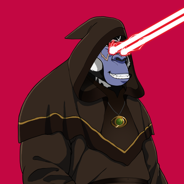 An animated illustration of a hooded character with a green gem on their chest shooting red laser beams from their eyes against a pink background.
