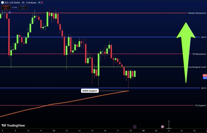 A TradingView 4-hour chart of SUI/US Dollar on Coinbase displays a candlestick pattern where price wicked into the 50MA Support level around $0.98 and rebounded sharply, with a large green arrow projecting a bullish move back toward the $1 psychological level and higher resistance targets.