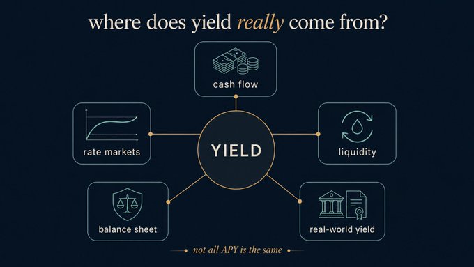 The image is an infographic titled "where does yield *really* come from?" showing a central "YIELD" hub connected to five contributing factors: cash flow, rate markets, liquidity, balance sheet, and real-world yield—with the note "not all APY is the same" at the bottom.

The graphic visually reinforces the post's message by breaking yield down into its underlying drivers (cash flow, rate markets, liquidity, balance sheet, and real-world yield), suggesting that the *source* of yield matters more than the headline APY figure, since each represents a different type of cost, risk, or incentive someone else is paying.