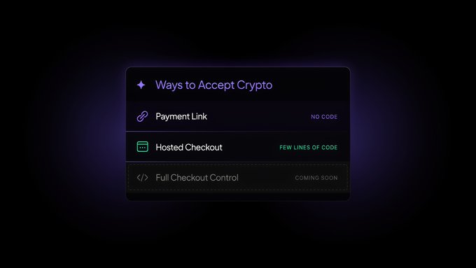 A dark-themed graphic titled 'Ways to Accept Crypto' listing options: 'Payment Link' (NO CODE), 'Hosted Checkout' (FEW LINES OF CODE), and 'Full Checkout Control' (COMING SOON).
