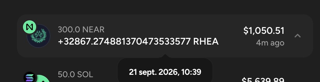 The image shows a cryptocurrency transaction notification displaying a purchase of 300.0 NEAR (worth $1,050.51) plus 32867.274881370473533577 RHEA, timestamped 21 Sept. 2026 at 10:39 (4m ago), along with a partial view of a 50.0 SOL holding valued at $5,639.89. This directly supports the accompanying post, which boasts about executing a fast RHEA buy through @ggdotxyz rather than missing out on FOMO due to near.com's slow buy order processing—visually proving the successful trade described in the caption.