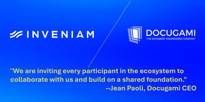 A partnership announcement between Inveniam and Docugami featuring a quote from Jean Paoli, Docugami CEO: "We are inviting every participant in the ecosystem to collaborate with us and build on a shared foundation."
