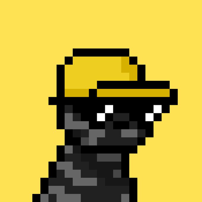 A pixel art character wearing a yellow hat and dark outfit against a yellow background.