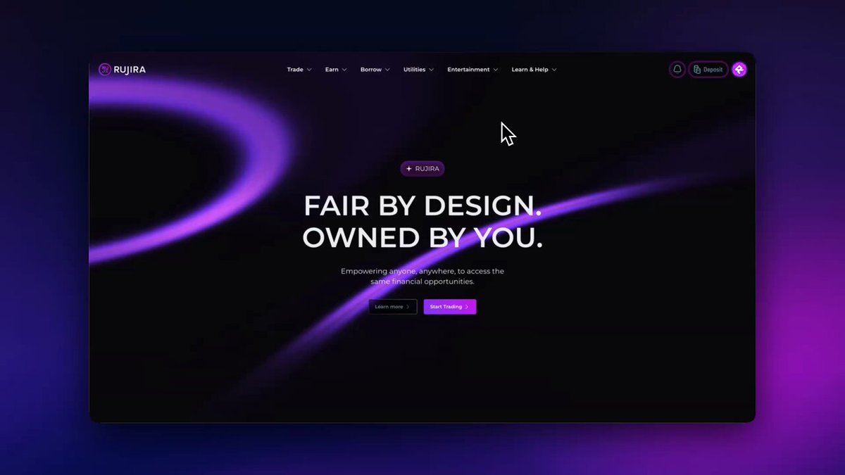 The image features a website called "rujira". It has a purple background with white text, which reads "Fair by Design Owned By You". The website appears to be a platform for artists or musicians to showcase their work and collaborate on projects. The design of the website is simple yet visually appealing, with a clean layout that highlights the content without any distractions. The image also includes a small purple circle in the center, which adds an artistic touch to the overall design.