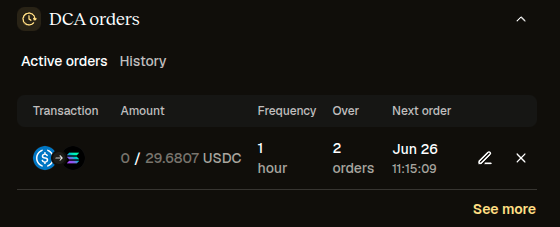 A dark-mode interface shows an active DCA order swapping SOL to USDC, configured with 0 of 29.6807 USDC per order, a 1-hour frequency, over 2 orders, with the next execution set for Jun 26 at 11:15:09. The post highlights this as a way to automate dollar-cost averaging into SOL with small recurring purchases to build toward the $1k DCA volume badge.