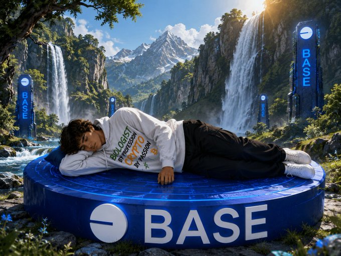 A person in a white sweatshirt and black pants lies on a large blue circular platform branded 'BASE', set against a fantasy landscape with waterfalls and mountains.