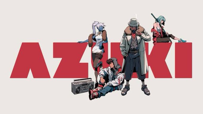 An anime-style promotional banner featuring four stylized characters posed around the large red text "AZUKI."
