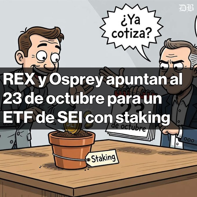 A cartoon illustration with Spanish text 'REX y Osprey apuntan al 23 de octubre para un ETF de SEI con staking' depicts two men discussing a calendar marked October 23 next to a potted plant labeled 'Staking', with one asking '¿Ya cotiza?'