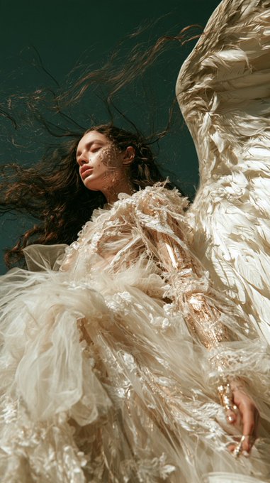 An ethereal photograph of a woman with long flowing dark hair wearing a voluminous, textured cream-colored gown, captured against a deep teal background.