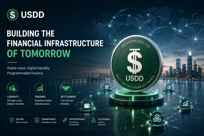 A digital advertisement for USDD cryptocurrency displays a large coin with 'USDD' and 'DECENTRALIZED USD' against a futuristic city skyline, with text reading 'BUILDING THE FINANCIAL INFRASTRUCTURE OF TOMORROW' and 'Stable value. Digital liquidity. Programmable finance.'
