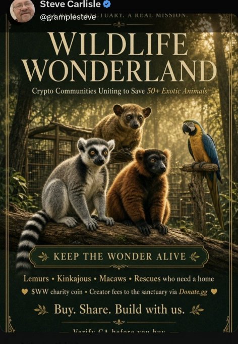 A poster-style advertisement by 'Steve Carlisle @grampiesteve' titled 'WILDLIFE WONDERLAND' promotes a crypto community initiative to save exotic animals like lemurs, kinkajous, and macaws, featuring an image of animals on a log and text reading 'Buy. Share. Build with us.'