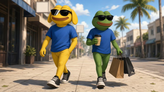 A 3D-rendered illustration shows a yellow duck-like character and a green frog-like character, both in sunglasses and blue shirts, walking down a sunny street carrying coffee and shopping bags.