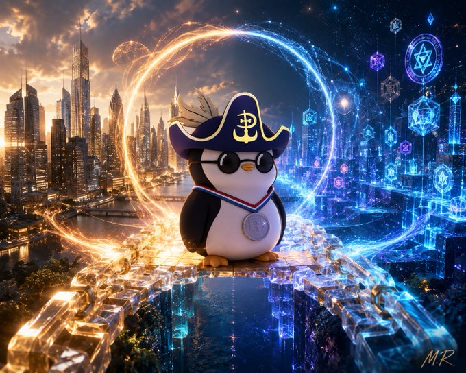 A digitally created penguin character wearing a pirate hat with a Bitcoin logo and round glasses, standing on a crystalline bridge between a futuristic golden city and a blue magical realm with floating symbols.
