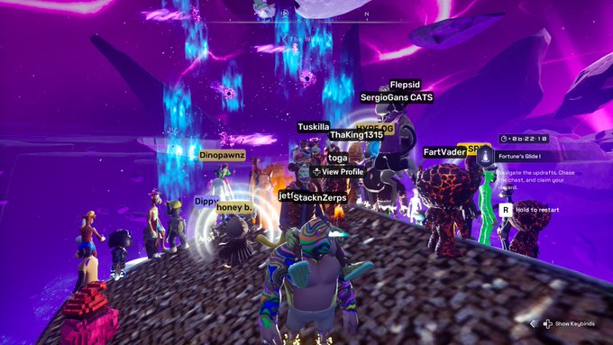 A screenshot from the video game Fortnite showing multiple players gathered together on a floating island with a purple cosmic sky background. Player names like 'Tuskilla', 'Elopsid', 'SergioGans CATS', 'Ioga', and 'Dinopawnz' are visible.
