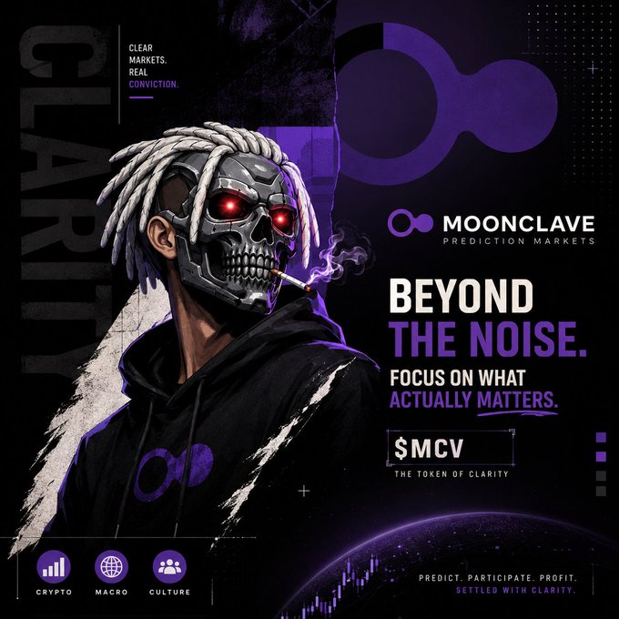 Marketing poster for 'MOONCLAVE PREDICTION MARKETS' featuring a cyborg character with dreadlocks smoking a cigarette, promoting the token '$MCV' with the tagline 'BEYOND THE NOISE.'