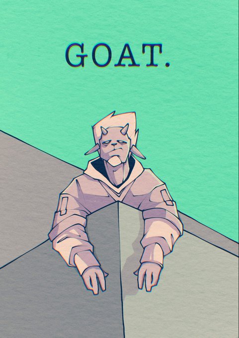 An illustration of a horned character with a beard wearing a beige hoodie, sitting with eyes closed against a teal background with the word 'GOAT.' written in dark blue letters above.