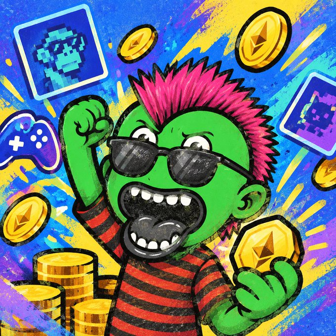 Vibrant cartoon illustration of a green-skinned punk character with a pink mohawk and sunglasses, mouth wide open in excitement, holding a gold Ethereum coin, surrounded by game controllers, NFT icons, and stacks of gold coins on a blue background.
